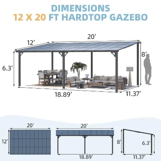 CLIHOME 20 ft. x 12 ft. Aluminum Sloped Roof Hardtop Gazebo Outdoor Pergola with UV Protection Polycarbonate Patio Cover image {7}