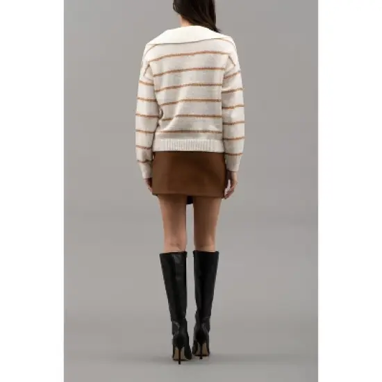 August Sky Women's Nautical Breton Stripe Shawl Collar Sweater image {5}