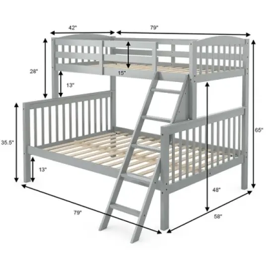 Costway Twin over Full Bunk Bed Rubber Wood Convertible with Ladder Guardrail image {1}