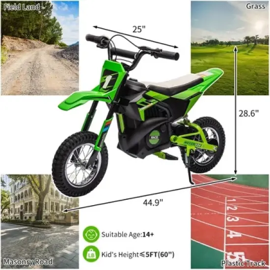 24V Kids Ride-On Motorcycle, Electric Off-Road Dirt Bike with 250W Motor, 13.6 MPH Speed, Chain Drive, Leather Seat, Disc Brake,Pneumatic Tires Green image {4}