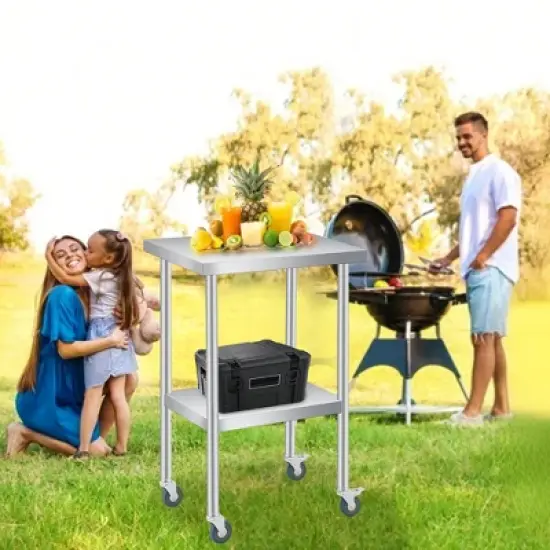 Stainless Steel Table with Wheels - Metal Work Table with Adjustable Undershelf, 2 Tiers Utility Tables Food Prep Worktable Rolling Cart image {6}