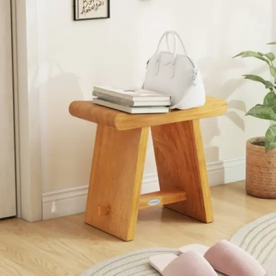 Costway 19.5" Teak Shower Bench Waterproof Spa Bath Stool with Curved Seat for Bathroom image {4}