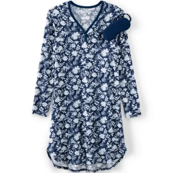 Lands' End Women's Cozy Gown Sleep Set - Shirt Gown and Mask image {3}