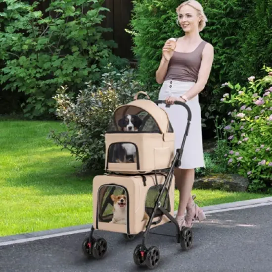 Costway Double Pet Stroller for 2 Dogs or Cats w/ 2 Detachable Carriers Safety Belt Beige image {2}
