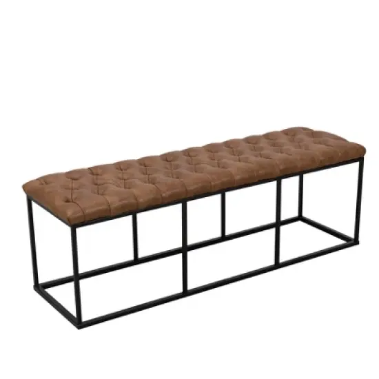 52.25" Draper Large Decorative Bench with Button Tufting Light Brown Faux Leather - HomePop image {2}