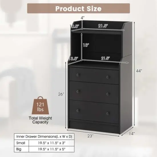 Costway 3-Drawer Dresser 44" Tall Wood Storage Organizer Chest with 2 Open Shelves Black/White/Walnut image {2}