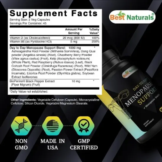 Best Naturals Day-to-Day Menopause Supplements for Women with Ashwagandha, Dong Quai, Chastberry, Kelp, Red Raspberry, 90 Veg Capsules image {1}