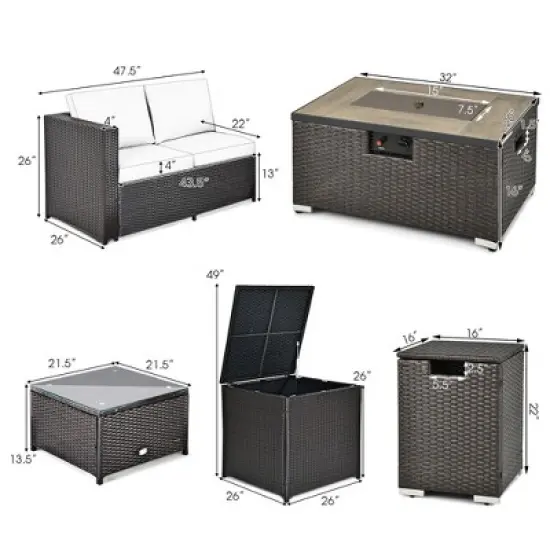 Tangkula 6 Piece Patio Sofa & Fire Table Set Outdoor Rattan Sectional Sofa Set w/ Storage Box Beige image {2}