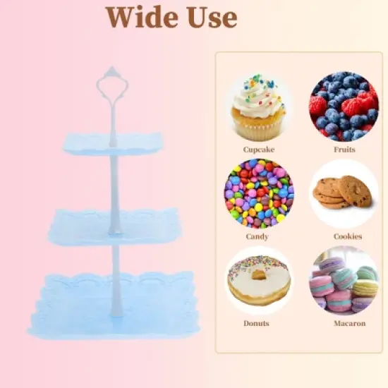 Unique Bargains 3 Tier Dessert Cupcake Stand Holder Square with Tiered Serving Tray for Donuts Fruits Blue White image {4}