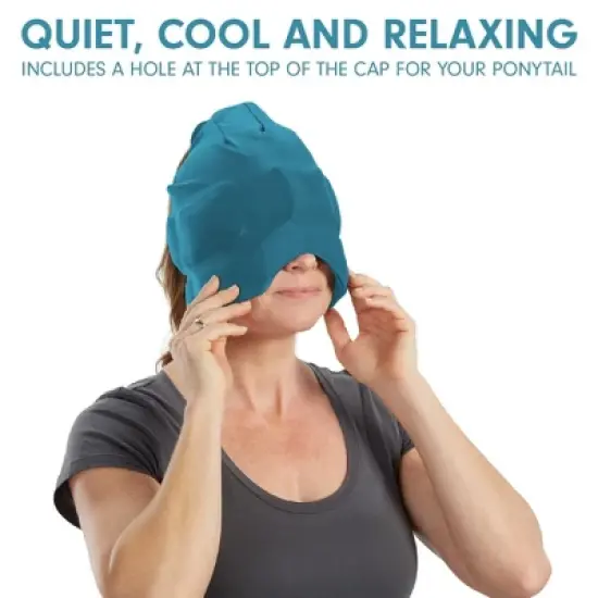 Headache, Migraine, & Stress Relief Hat - Natural Ice Mask for Tension & Muscle Pain - Stretchy, Comfortable, & Cool Wearable &ndash; Teal image {6}