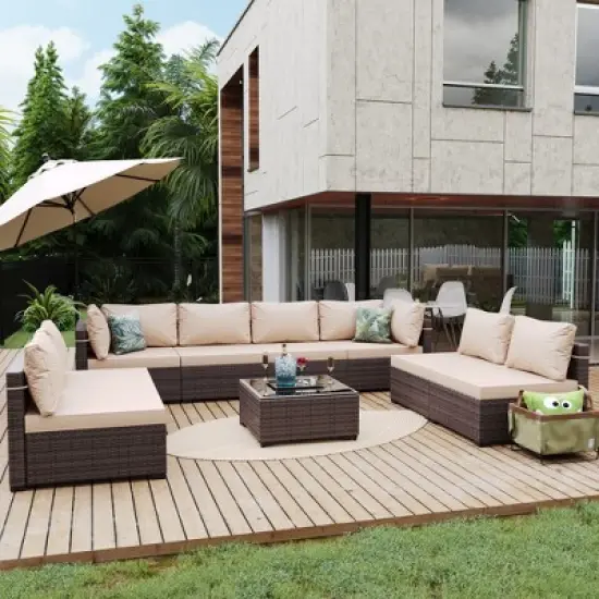 UPHA 9-Piece Rattan Patio Sofa Conversation Set with Cushions image {9}