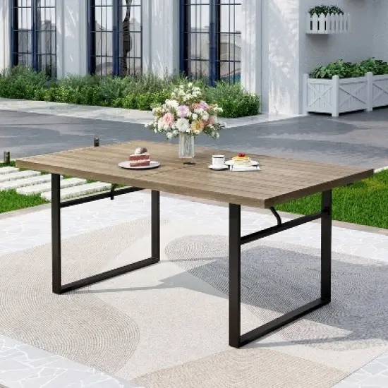 Captiva Designs 7pc Patio Dining Set Wood-look Rectangle Table & Cushioned Metal Chairs image {1}