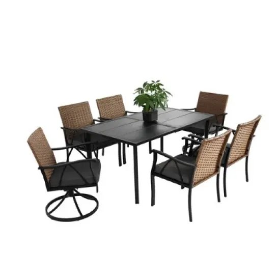 7-Piece Outdoor Patio Steel Dining Set with 59" Rectangular Table, 2 Swivel Rocker & 4 Armchairs, and Rattan Backrest image {1}