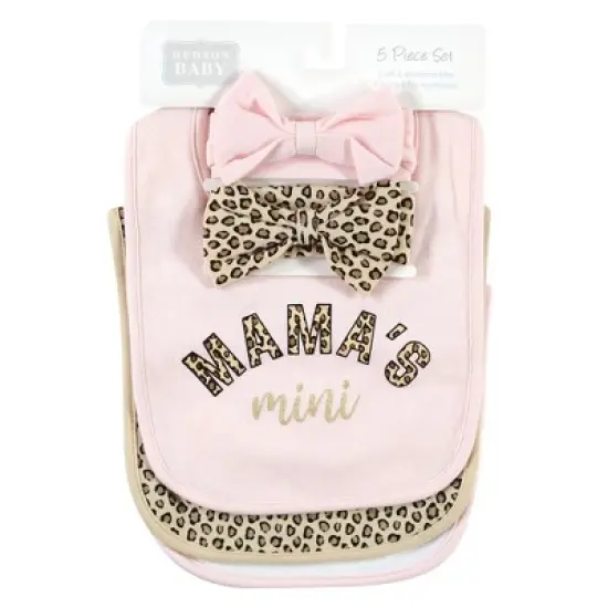 Hudson Baby Infant Girl Cotton Bib and Headband or Caps Set, Leopard Mamas Mini, One Size image {1}