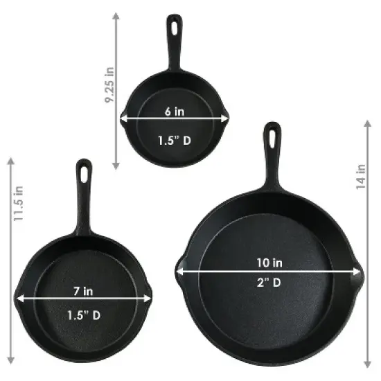 Sunnydaze Indoor/Outdoor Heavy-Duty Pre-Seasoned Cast Iron Skillet Frying Pan Set - 6", 7", and 10" - Black - 3pc image {2}