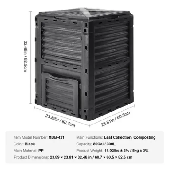 VEVOR Garden Compost Bin 80 Gal, BPA Free Composter, Large Capacity Outdoor Composting Bin with Top Lid and Bottom Door, Easy Assembling image {7}