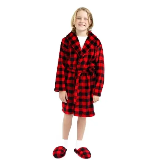 Sleep On It Boys Red Buffalo Plaid Plush Fleece Shawl Collar Robe with Matching Slippers image {1}