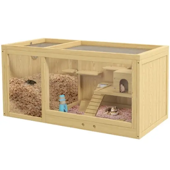 PawHut Wooden Hamster Cage, Extra Large Gerbil Cage Activity Center for Dwarf Hamster with Pull-Out Tray, Seesaws, Water Bottle, Ladder image {6}
