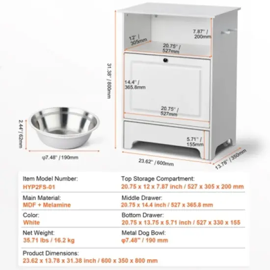 VEVOR Pet Feeding Station with 2 Stainless Steel Bowls, Elevated Dog Bowls with Storage, Dog Food Storage and Feeder Station image {7}