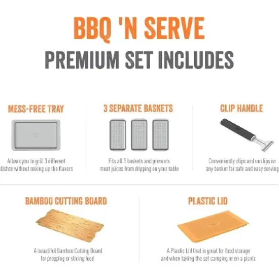 Yukon Glory BBQ 'N SERVE Premium Set, Includes 3 Grill Baskets, Serving Tray, Bamboo Cutting Board, Plastic Lid and Clip-on Handle image {1}