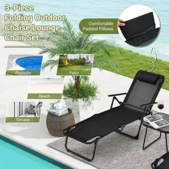 Costway 3pcs Patio Folding Chaise Lounge Chair PVC Tabletop Set Outdoor Portable Beach image {4}