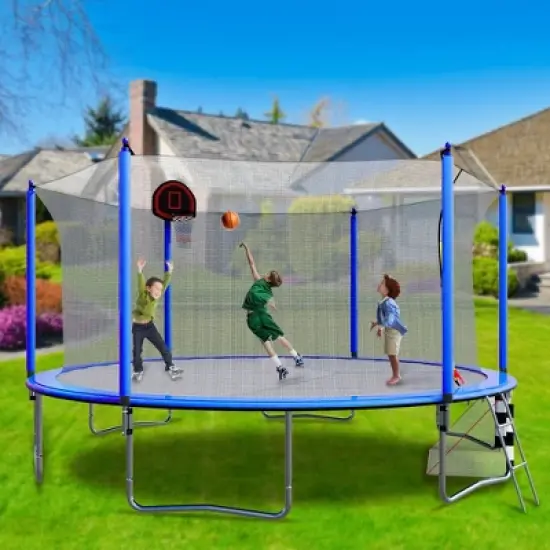 GDFStudio Bright Outdoor/Indoor Steel Ladder 16FT Round Trampoline with Enclosure and Soccer Goal image {7}