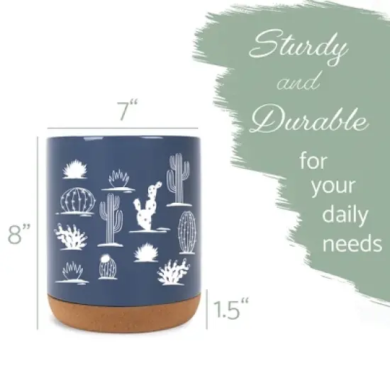 Elanze Designs 8 inch Cactus Desert Plant Pattern Large Ceramic Kitchen Utensil Holder Navy Blue and White Crock with Cork Base image {1}