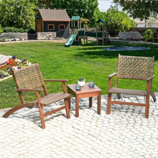 Tangkula 3 Pieces Outdoor Eucalyptus Wood Bistro Set Modern Hand-Woven PE Wicker Conversation Set image {1}