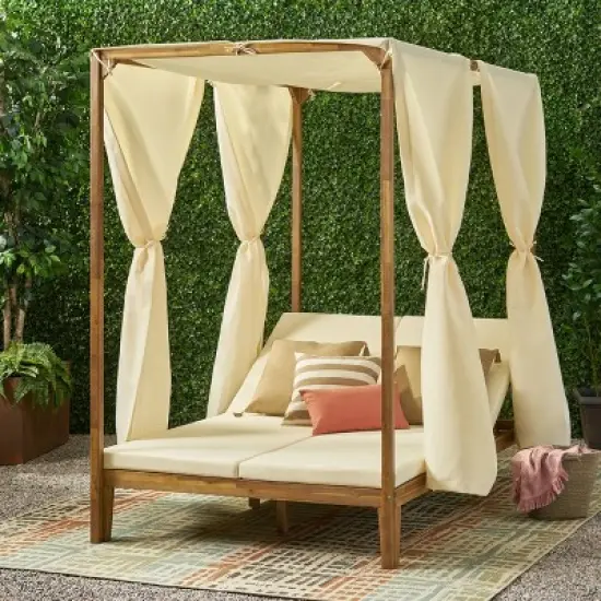 Kinzie Outdoor 2 Seater Acacia Wood Daybed with Adjustable Chaise & Water-Resistant Curtains - Christopher Knight Home image {1}