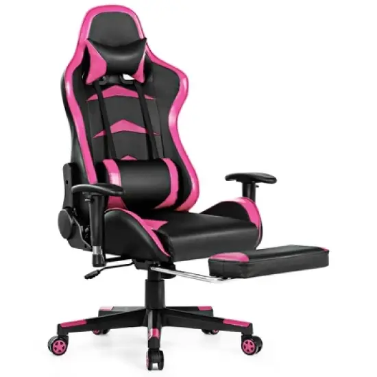 Costway Gaming Desk&Massage Gaming Chair Set w/ Footrest Monitor Shelf Power Strip Pink image {5}