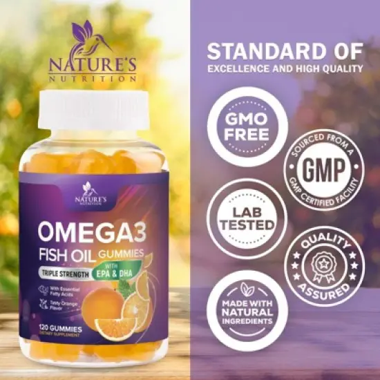 Omega-3 Gummies, Fish Oil Gummies for Adults & Kids, Vitamins, EPA & DHA Fish Oil Fatty Acids Gummy Supplement - 120 Gummies By Nature's Nutrition image {2}