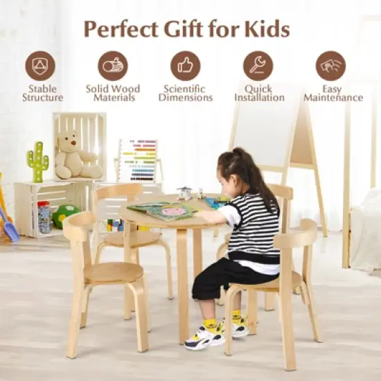 Infans 5-Piece Kids Wooden Curved Back Activity Table & Chair Set w/Toy Bricks Natural image {3}