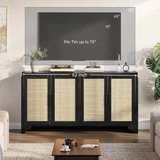 TV Stand for TVs Up to 70'', Natural Rattan Entertainment Center with Storage Cabinets, Boho Media Console Table for Living Room image {3}