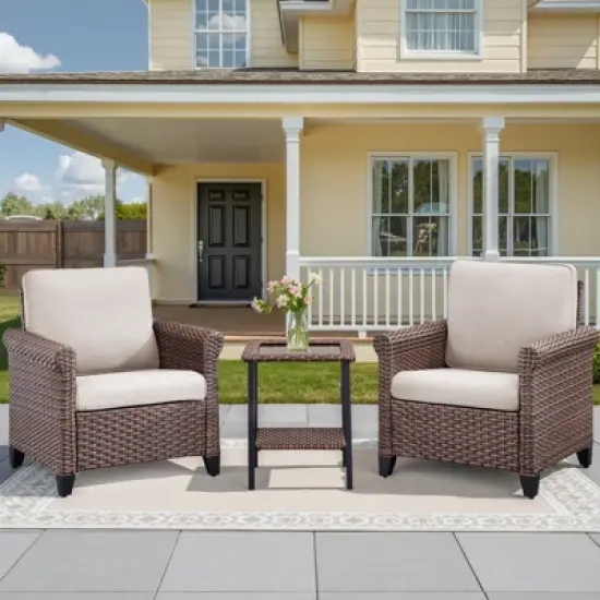 Buenhomino 3-Piece Outdoor Wicker Patio Set, 2 Lounge Chairs & Side Table with Driftwood Rattan & Weather-Resistant Cushions image {10}