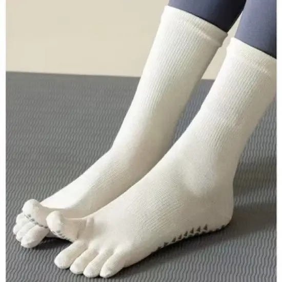 Anna-Kaci Women's 2-Pack Grip Toe Socks with Non-Slip Soles and Ribbed Knit in Neutral Tones for Yoga and Studio Classes image {3}