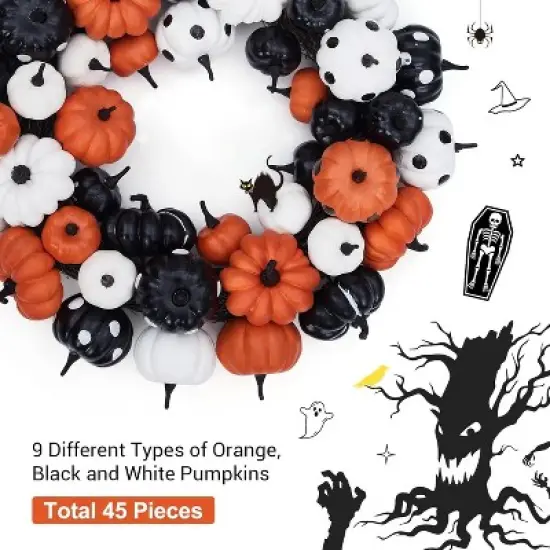 GAOMON 18 Inch Halloween Fall Wreath for Front Door, Black Orange White Artificial Pumpkin Wreath image {2}