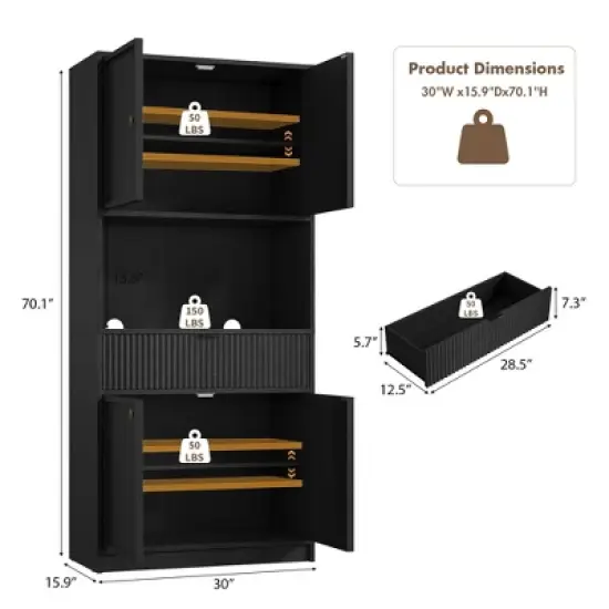 Kitchen Pantry Cabinet, 70" Tall Pantry Storage Cabinet with Countertop, Fluted Tall Cabinets with Doors and Drawer, Freestanding Cupboard image {2}