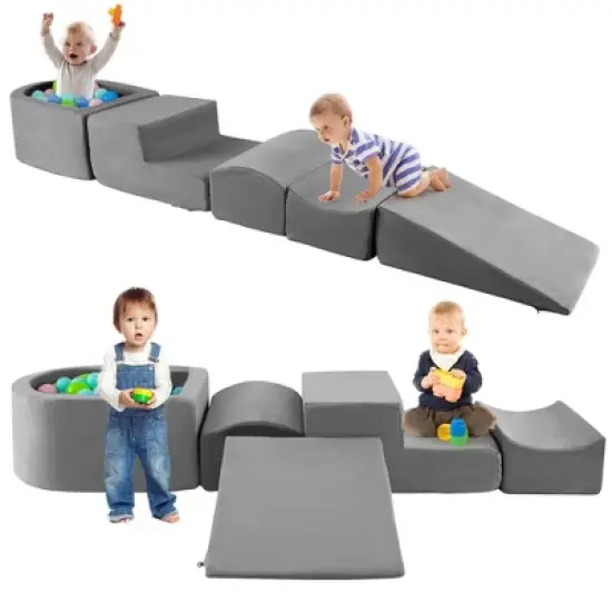 Costway 5PCS Climb and Crawl Playset with Ball Pit for Kids Zippers for Playroom Gray/Pink image {9}
