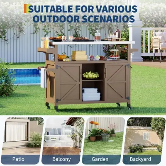 Outdoor Grill Cart with Storage Cabinet, Farmhouse Solid Wood Kitchen Island on Wheels, Outdoor Grill Table with Stainless Steel Table Top image {1}