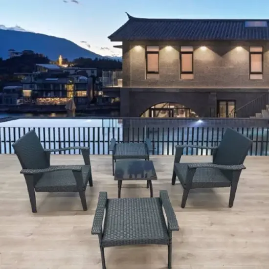 5pc Outdoor Wicker Conversation Set with Arm Chairs, Accent Table & Ottomans - Gray - GODEER image {2}