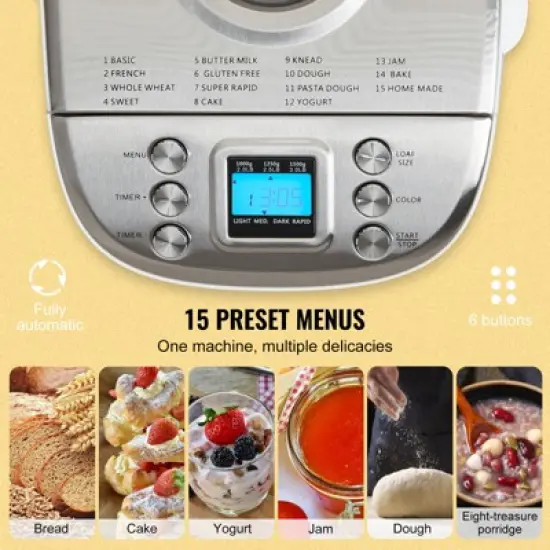 VEVOR Bread Maker, 15-in-1 3LB Dough Machine, Nonstick Ceramic Pan Automatic Breadmaker with Gluten Free Setting, Digital, Programmable image {2}