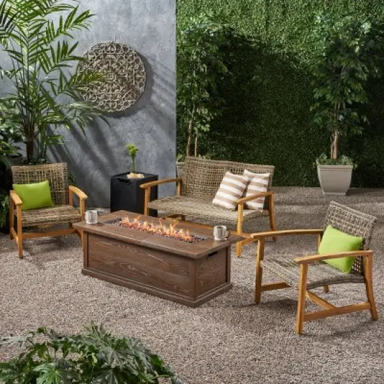 Breakwater 5pc Wood & Wicker Patio Chat Set with Fire Pit - Natural/Gray/Brown - Christopher Knight Home image {1}