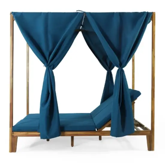 Christopher Knight Home Leaverton Outdoor Acacia Wood 2 Seater Adjustable Daybed with Curtains image {2}