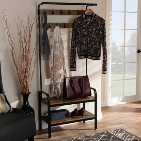 Aislin Distressed Wood and Metal Finished Entryway Hall Tree Brown/Black - Baxton Studio image {6}