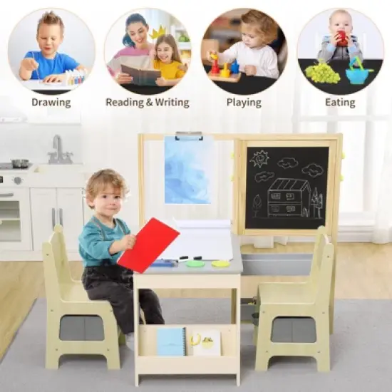 Wooden Easel for Kids, Kids Art Table and 2 Chairs,Art Center with Double-Sided Blackboard & Whiteboard, Paper Roll for Drawing image {5}