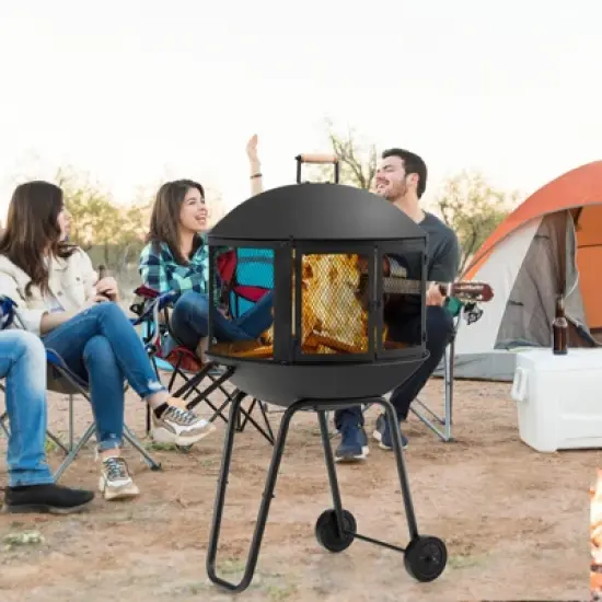 Tangkula Portable Fire Pit w/ Wheels 28" Wood Burning Fire Pit w/ Log Grate Poker Rolling Patio Fireplace Bonfire Firepit for Outdoor Entertaining image {2}