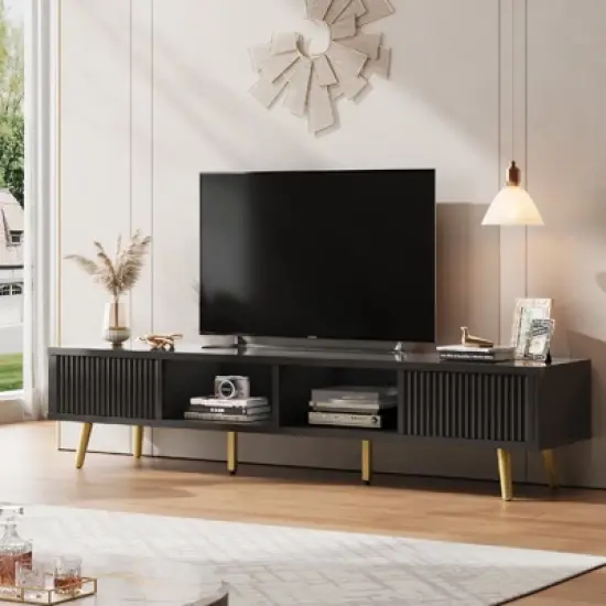 Bestier 71" Modern TV Stand for 75/80 inch TV with Fluted Sliding Doors, High Gloss Entertainment Center with Storage for Living Room, Cord Management image {8}