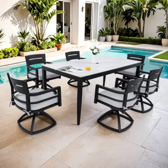 CAVINAS 7 Piece Patio Dining Set Aluminum Dining Table with Chairs Black Sintered Stone Tabletop Outdoor Dining with 6 Chairs for Patio image {6}