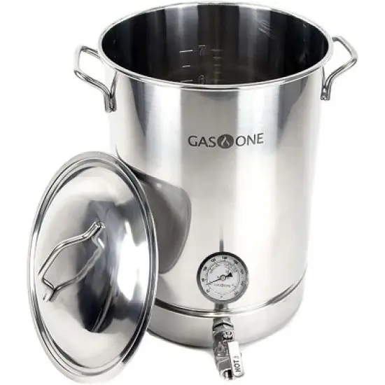 GasOne 8 Gallon Stainless Steel Home Brew Kettle Pot Pre Drilled 4 PC Set with Tri Ply Bottom, Stainless Steel Lid, Thermometer, Ball Valve Spigot image {4}