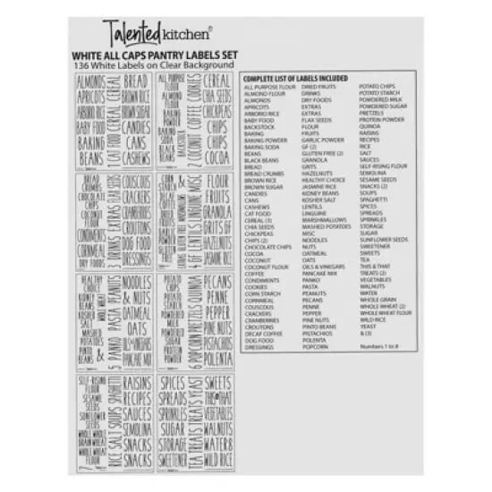 Talented Kitchen 136 Pantry Labels for Food Containers, Preprinted White All Caps on Clear Stickers for Jars, Kitchen Canisters image {4}